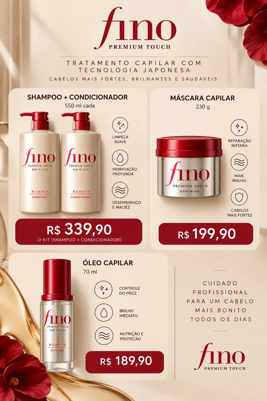 Fino Premium Touch: shampoo e condicionador, máscara capilar e óleo capilar